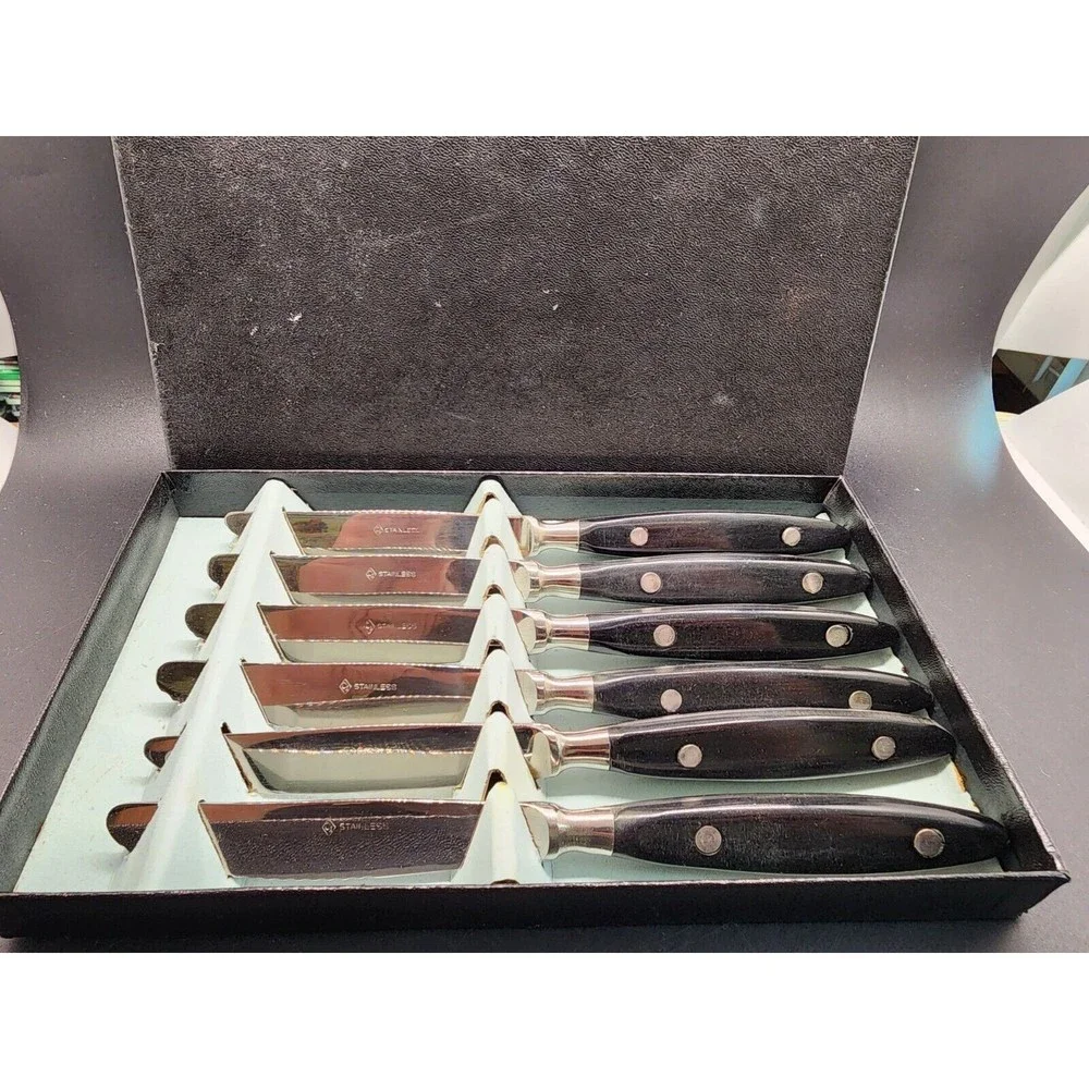 6-Pc MCM CI Stainless Japan Black Composite Handle Dinner Knife Set NOS IN BOX